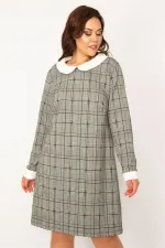 KADIN GRİ BEBE YAKA EKOSE DESENLİ ELBİSE