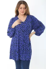 Kadın Büyük Beden Saks Önü A Pileli V Yakalı Bluz 65N37467