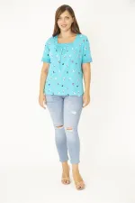 Kadın Lacivert Büyük Beden Pamuk Kumaş Yaka Ve Kolları Dantel Detaylı Bluz