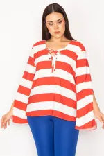 Kadın Kırmızı Yakası Kuşgözlü Bağcık Detaylı Kol Yırtmaçlı Çizgili Bluz 65N30165