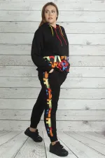 Kadın Saks Kapşonlu Fermuar Ve Baskı Detaylı Kuşgözlü Sweatshirt Pantolon Takım 65N19562