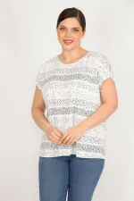 Kadın Bebe Mavisi Büyük Beden Pamuklu Kumaş Düşük Kol Desenli Bluz