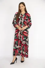 Kadın Renkli Büyük Beden Dokuma Viskon Kumaş Ön Düğmeli Etek Ucu Katlı Uzun Kollu Elbise