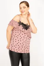 WOMEN'S POWDERY SEQUIN APPLIQUE AND FLOORN DETAILED POINT PATTERNED STRAP BLOUSE