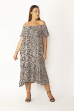 Kadın Kırmızı Yakası Lastik Ve Volan Detaylı Etek Ucu Katlı Dokma Viskon Kumaş Elbise 65N28546