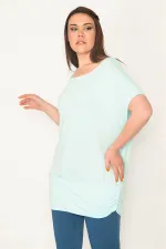 Kadın Camgöbeği Yeşil Bisiklet Yaka Etek Ucu Bantlı Düşük Kollu Tunik 65N32563