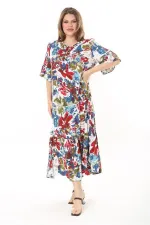 Kadın Büyük Beden Mavi Dokuma Viskon Kumaş Eteği Katlı Kısa Kollu Elbise 65N37868