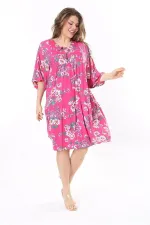 Kadın Büyük Beden Renkli Ön Pat Düğmeli Göğüs Büzgülü Yarasa Kollu Elbise 65N37959