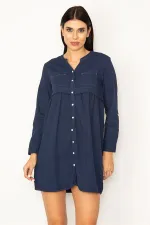 ROBE BLEU MARINE POUR FEMME AVEC POCHES ET PLIS À LA TAILLE