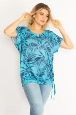 Kadın Mavi Taş Detaylı Etek Ucu Tünel Bağcıklı Bluz 65N34629