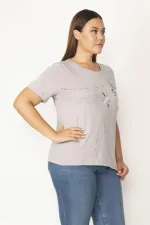 Kadın Gri Pamuklu Kumaş Ön Baskılı Kısa Kollu Bluz 65N27881