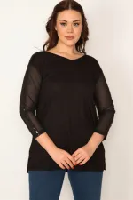 KADIN SİYAH KOLLARI TÜL VE PAYET DETAYLI V YAKALI BLUZ