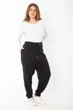 Kadın Büyük Beden Siyah Kuşgözü Bağcıklı Bel Ve Paçası Ribanalı Eşofman Pantolon 65N37398