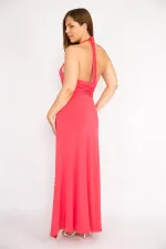 Kadın Fujya Büyük Beden Boyundan Bağlamalı Göğüs Büzgülü Uzun Elbise