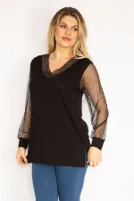 Kadın Mürdüm Yaka Ve Kolları Simli Tül Bluz 65N35185