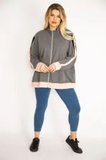 Kadın Gri Ön Fermuarlı Kanguru Cepli Sweatshirt Mont 65N35046