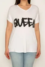 KADIN BEYAZ BASKI VE TAŞ DETAYLI V YAKALI DÜŞÜK KOLLU VİSKON BLUZ