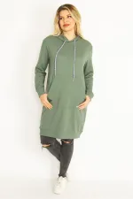 Women's Green Hooded Kangaroo Pocket Long Sweatshirt 65N35070