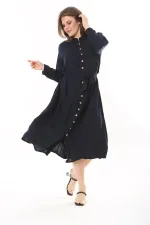 Kadın Lacivert Ön Düğmeli Roba Büzgülü Uzun Kuşaklı Elbise 65N37882