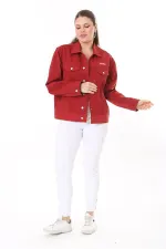 Kadın Büyük Beden Bordo Metal Düğmeli Kup Detaylı Cepli Kot Mont 65N37713