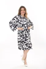 Kadın Büyük Beden Siyah Ön Pat Fermuarlı Beli Tünel Bağcıklı Kapri Kollu Elbise 65N37623