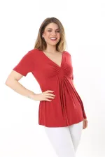 Kadın Büyük Beden Bordo Göğüs Büzgü Detaylı V Yakalı Kısa Kollu Bluz 65N37581
