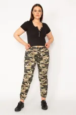 KADIN HAKİ KAMUFLAJ DESEN PAÇA LASTİKLİ CEPLİ PANTOLON