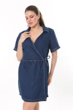 Kadın Büyük Beden Lacivert Bel Bağcıklı Anvelop Kot Elbise 65N37733