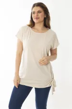 Kadın Büyük Beden Vizon Etek Ucu Bağcıklı Düşük Kollu Bluz 65N37031