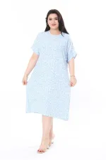 Kadın Büyük Beden Bebe Mavisi Bürümcük Kumaş Kısa Kollu Desenli Elbise 65N37858