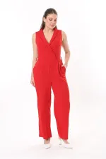 Kadın Büyük Beden Kırmızı Anvelop Yakalı Geniş Paçalı Tulum 65N37734