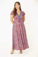 Kadın Büyük Beden Renkli Anvelop Yakalı Bel Bağcıklı Elbise 65N36878