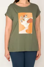 KADIN HAKİ PAMUKLU KUMAŞ DİJİTAL BASKILI KISA KOLLU BLUZ