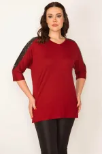 KADIN BORDO PAYET DETAYLI V YAKA KAPRİ KOL VİSKON BLUZ