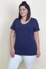 Kadın Lacivert Pamuklu Kumaş V Yaka Bluz