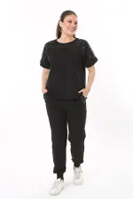 Kadın Büyük Beden Saks Taş Detaylı Kısa Kollu Sweatshirt Pantolon Takım 65N37702