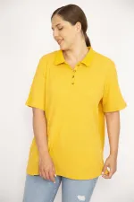 Kadın Hardal Büyük Beden Polo Yaka Ön Pat Düğmeli Kaşkorse Kumaş Kısa Kollu Bluz