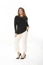 Kadın Büyük Beden Siyah Ön Ve Arka Yakası Tül Detaylı Uzun Kollu Bluz 65N37538