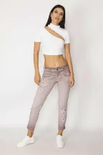 KADIN LİLA YIKAMALI GABARDİN KUMAŞ DANTEL VE BONCUK İŞLİ PANTOLON