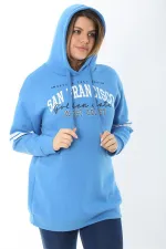 Women's Plus Size Blue Three-Thread Hooded Sweatshirt with Raised Inside 65N37464