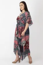 KADIN RENKLİ ŞİFON KUMAŞ ASTARLI UZUN ELBİSE