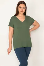 KADIN HAKİ V YAKALI KISA KOLLU BASİC BLUZ