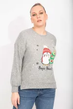 Kadın Gri İnci Ve Baskı Detaylı Yumoş Kumaş Bluz 65N35497