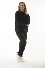 Kadın Büyük Beden Siyah Kanguru Cep Ve Kapşonlu Sweatshirt Pantolon İliki Takım 65N37053
