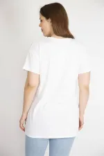 Kadın Beyaz Büyük Beden Önü Flok Bisiklet Yakalı Kısa Kollu Bluz