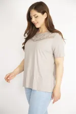 Kadın Vizon Büyük Beden Yakası Dantel Detaylı Kısa Kollu Bluz