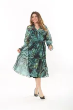 Kadın Büyük Beden Yeşil V Yakalı Etek Ucu Katlı Astarlı Tül Elbise 65N37556