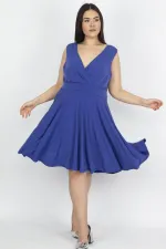 Kadın Saks Anvelop Yaka Arka Bel Lastik Detaylı  Elbise 65N29763