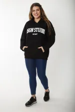 Women's Plus Size Black Embroidered Inside and Hooded Detailed Sweatshirt 65N37203