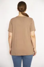Kadın Camel Büyük Beden Yaka Pileli Ön Cepli Bluz